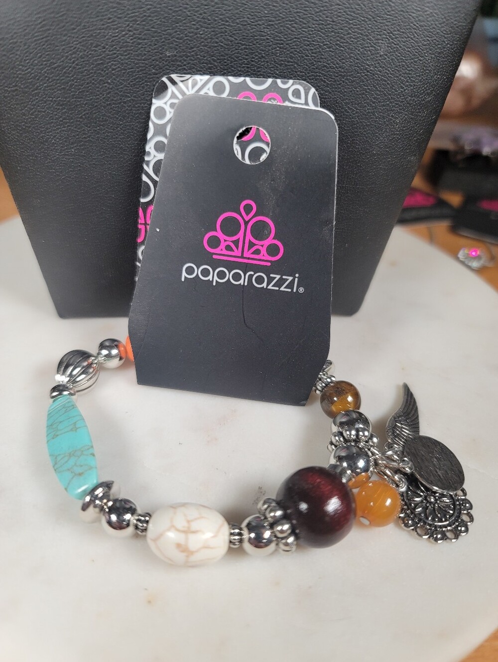 Paparazzi Turquoise White Brown Orange Beaded Charm Bracelet
